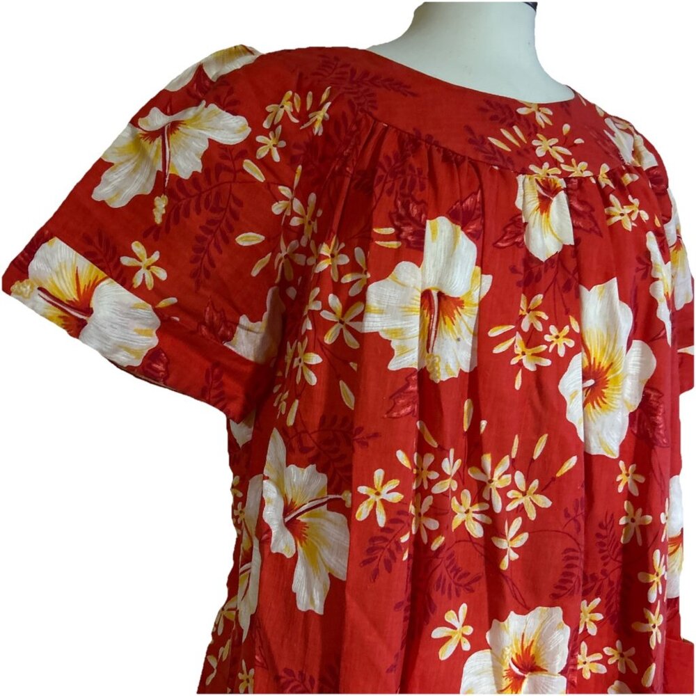 Vtg Sears Housecoat Red Floral 60s 70s Maxi Dress Mod Pockets Muumuu Hawaiian S - Picture 4 of 11